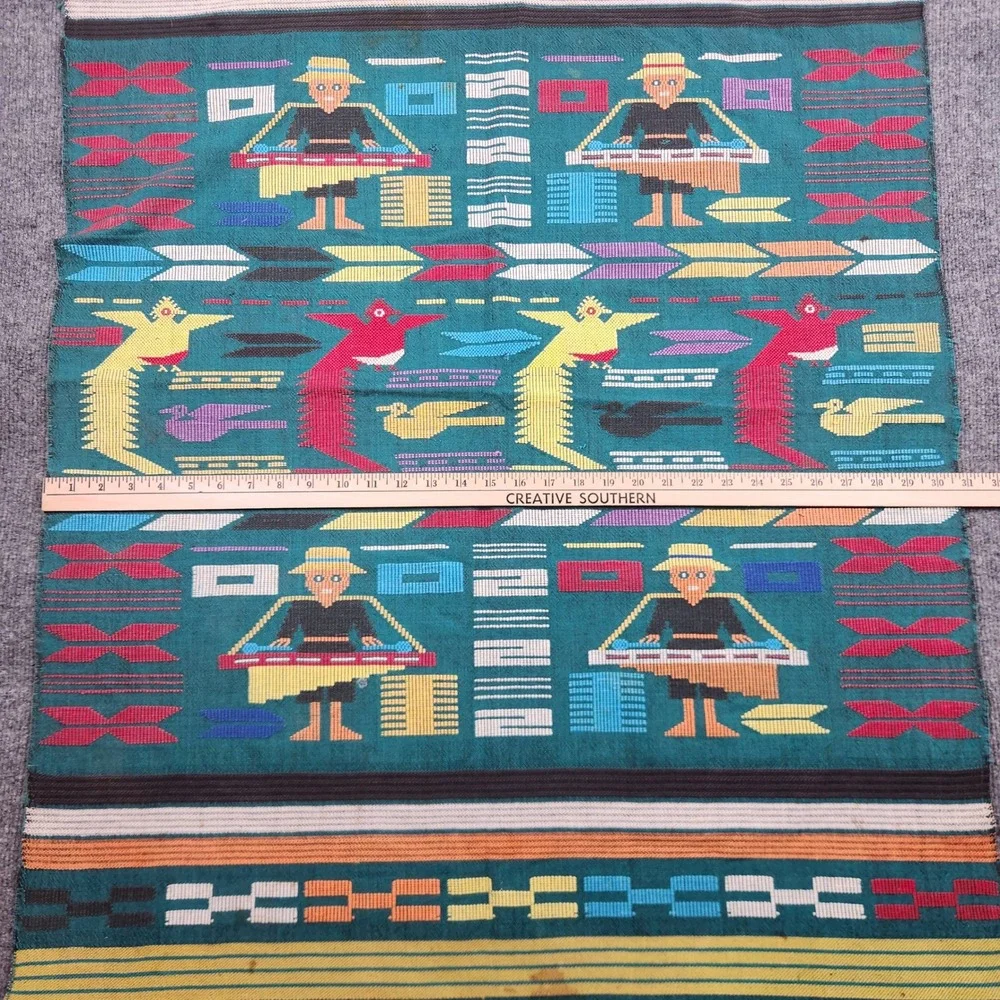 Vintage Handwoven Guatemalan Tapestry Teal Mayan Folk Art Bird Textile 60x30